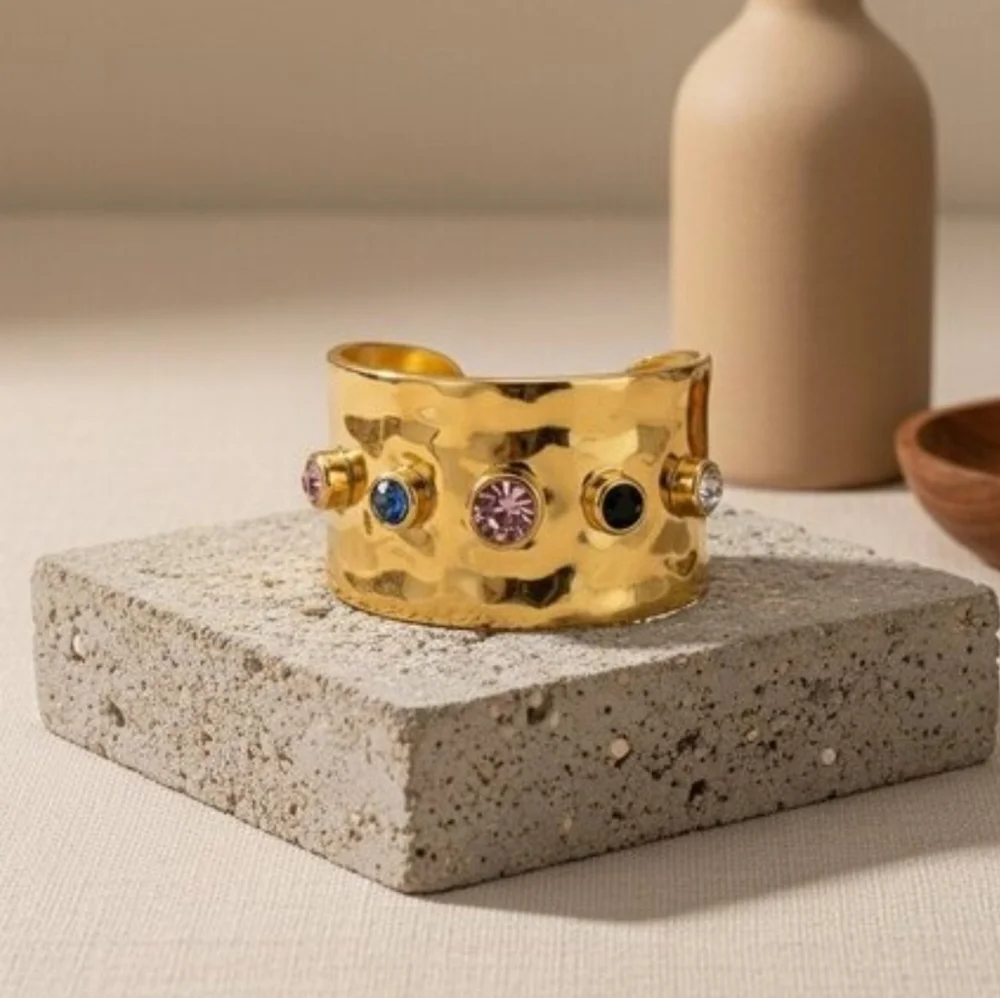 18K Gold Plated Hammered Ring Adjustable Colorful CZ Gemstones Bold Look